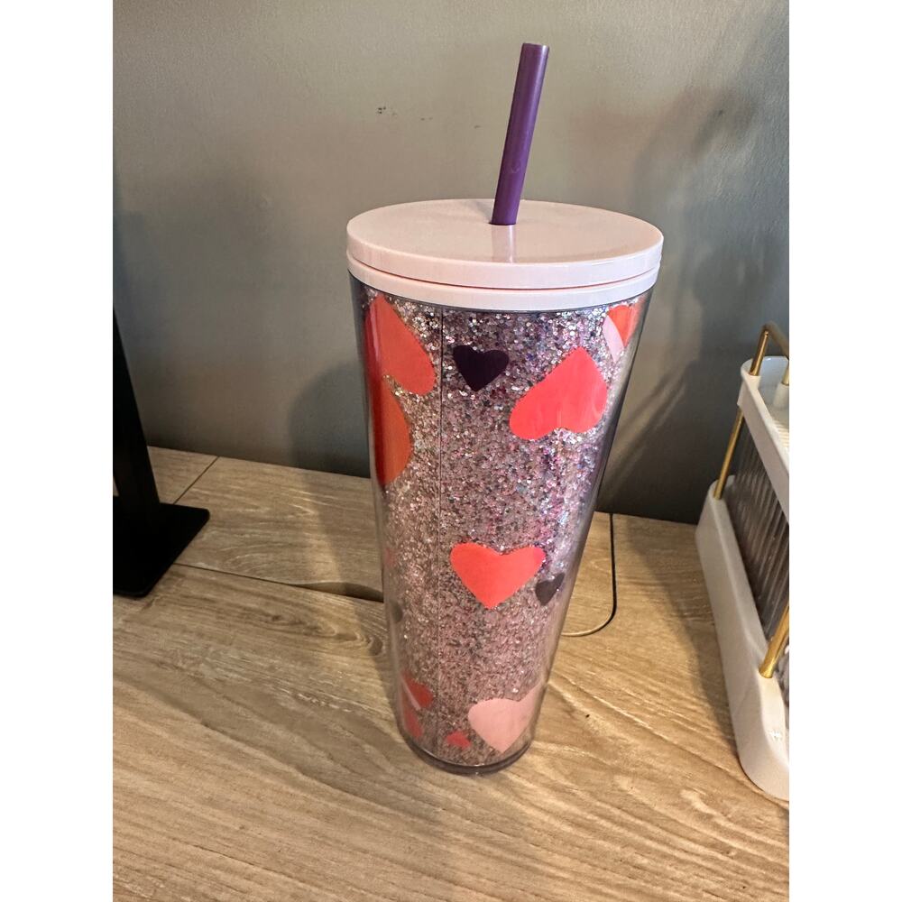 STARBUCKS VALENTINE'S DAY GLITTER HEARTS PINK TUMBLER W/STRAW 24 OZ